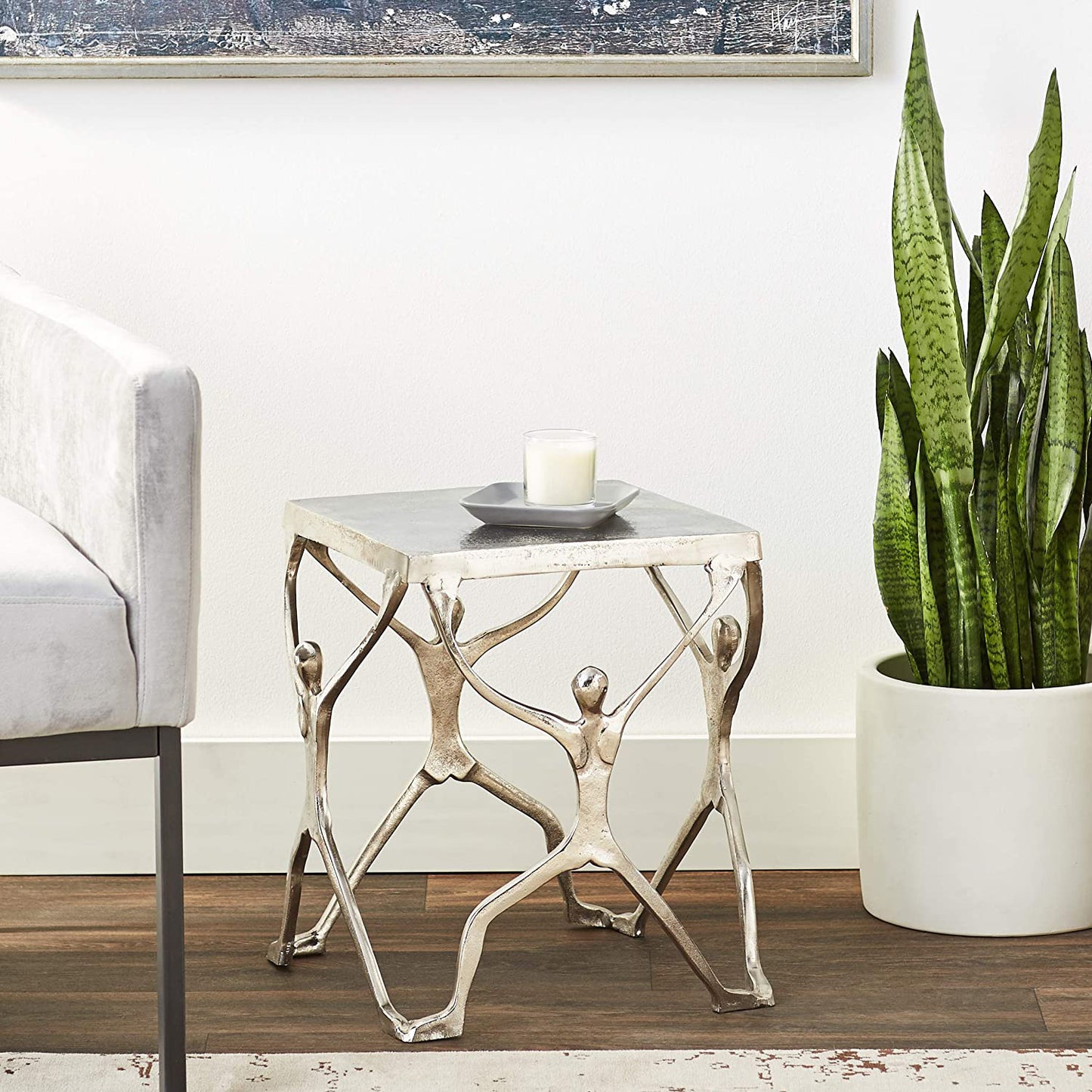 18" Silver And Antiqued White Aluminum End Table