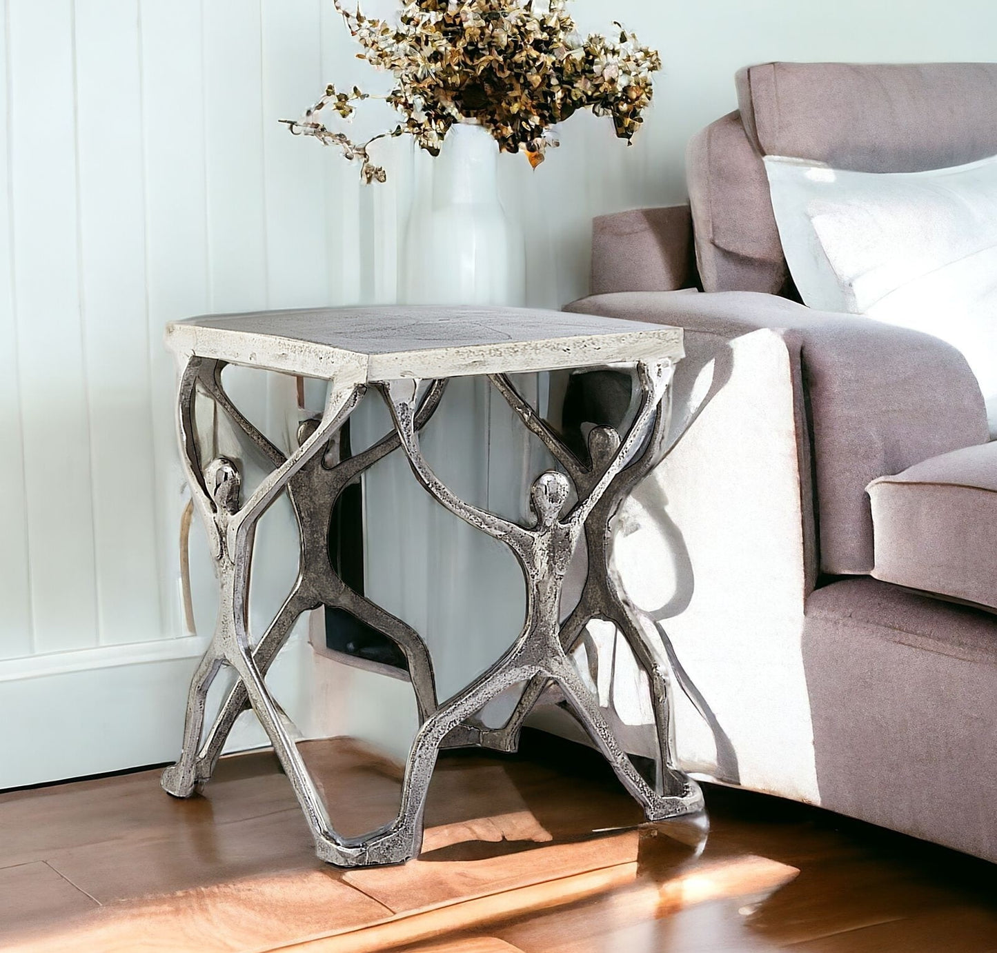 18" Silver And Antiqued White Aluminum End Table