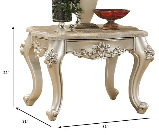 31" X 31" X 24" Marble Champagne Wood End Table