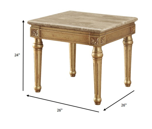 24" Antique Gold And White Faux Marble Mirrored End Table