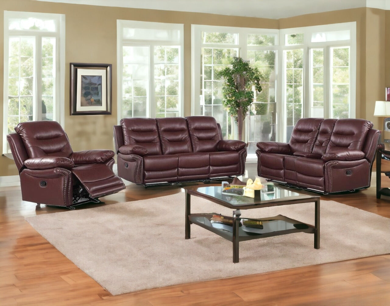 Three Piece Indoor Burgundy Faux Leather Five Person Seating Set