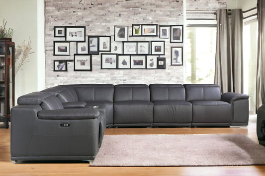 Gray Italian Leather Power Reclining U Shaped Seven Piece Corner Sectional With Console