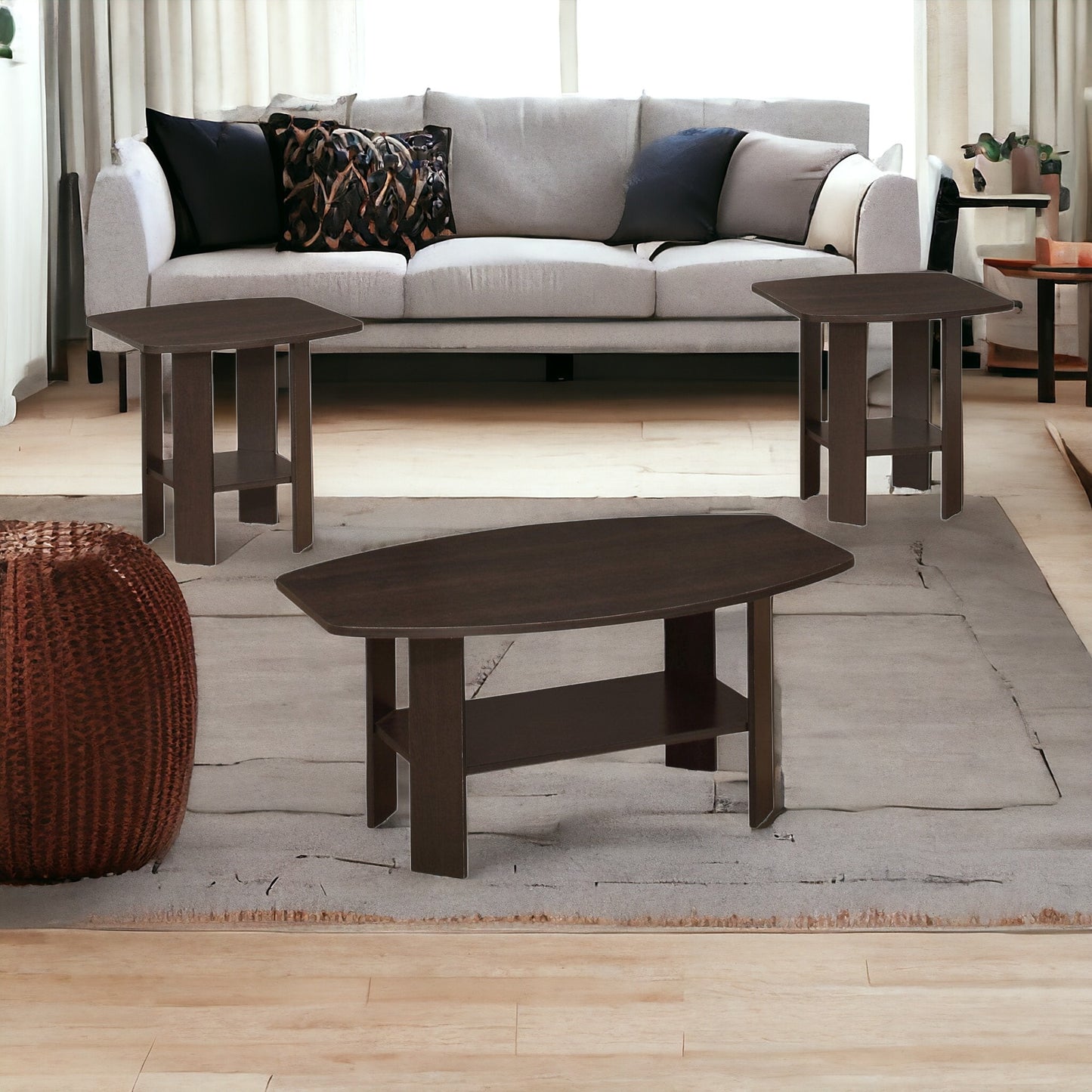 Set of Three 36" Brown Coffee Table With Shelf