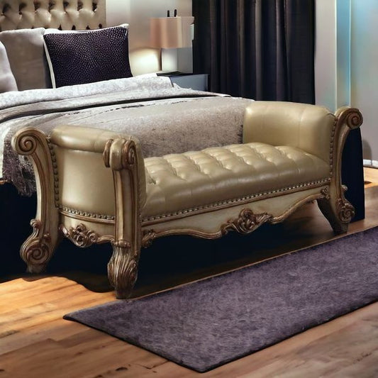 74" Beige and Gold Upholstered Faux Leather Bench