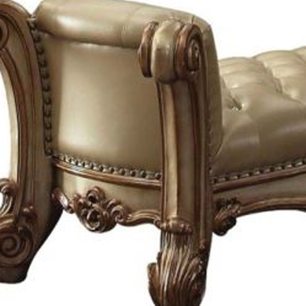 74" Beige and Gold Upholstered Faux Leather Bench