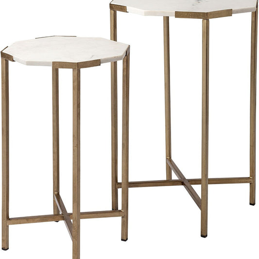 Set Of 2 White Marble And Iron Hexagonal Top Side Tables