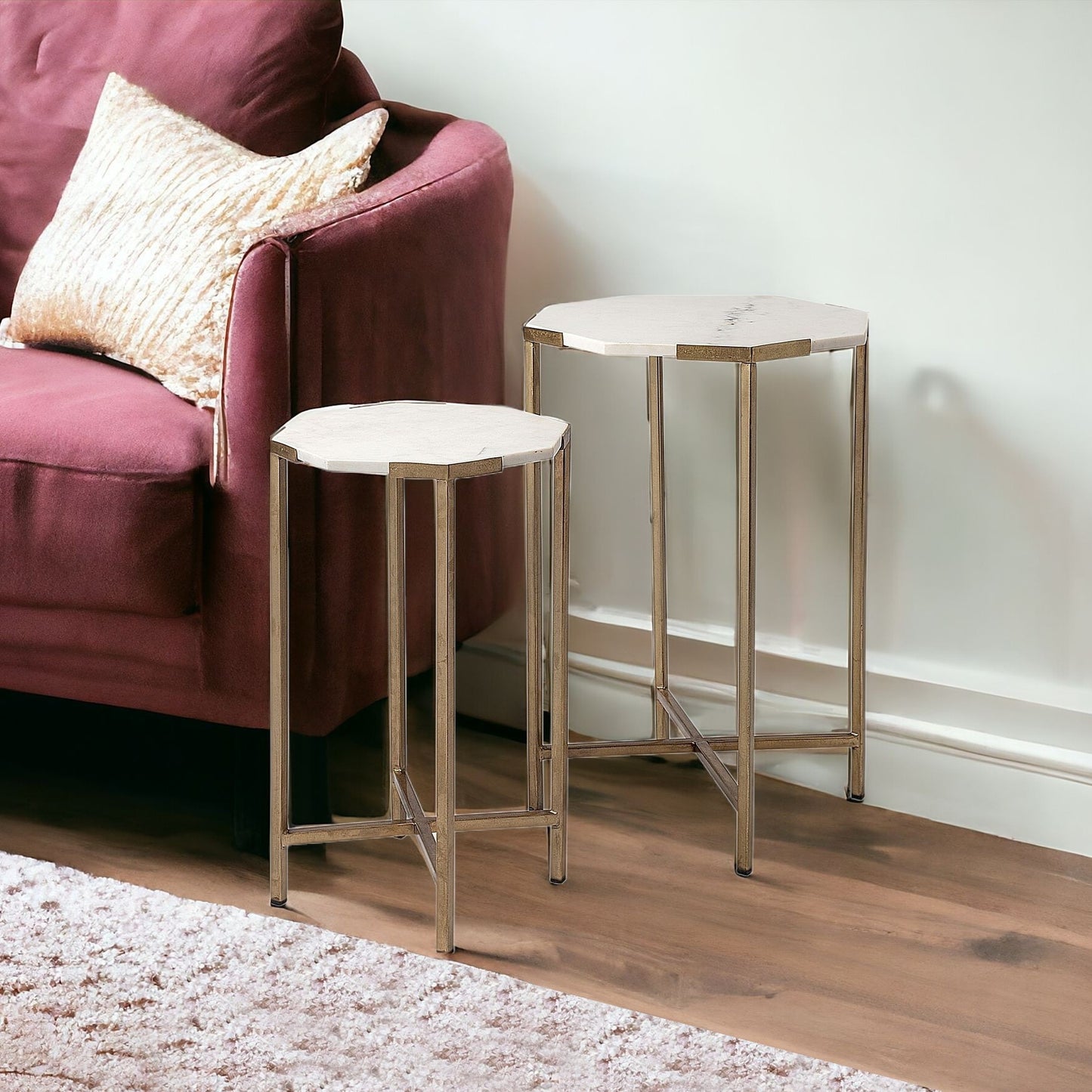 Set Of 2 White Marble And Iron Hexagonal Top Side Tables