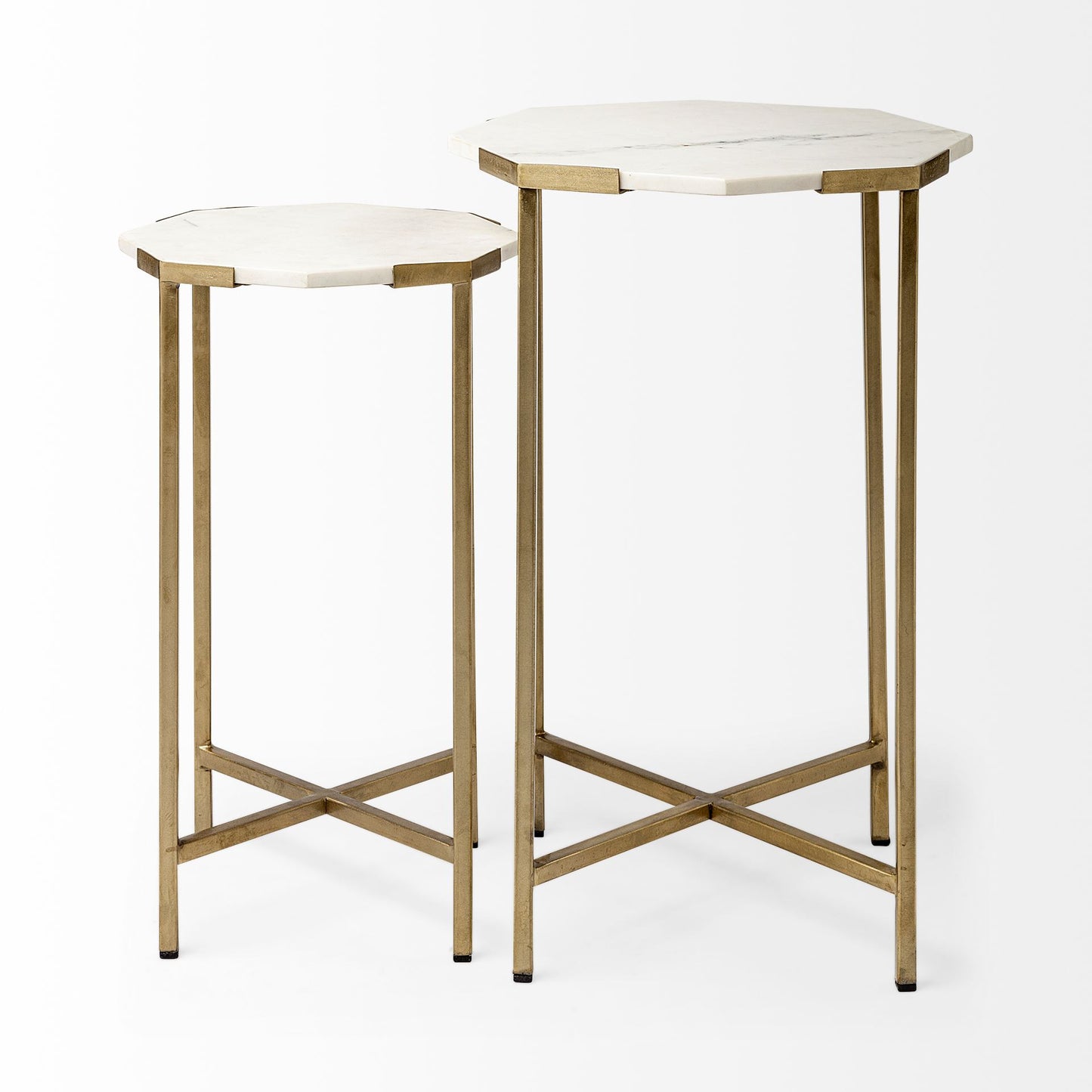 Set Of 2 White Marble And Iron Hexagonal Top Side Tables