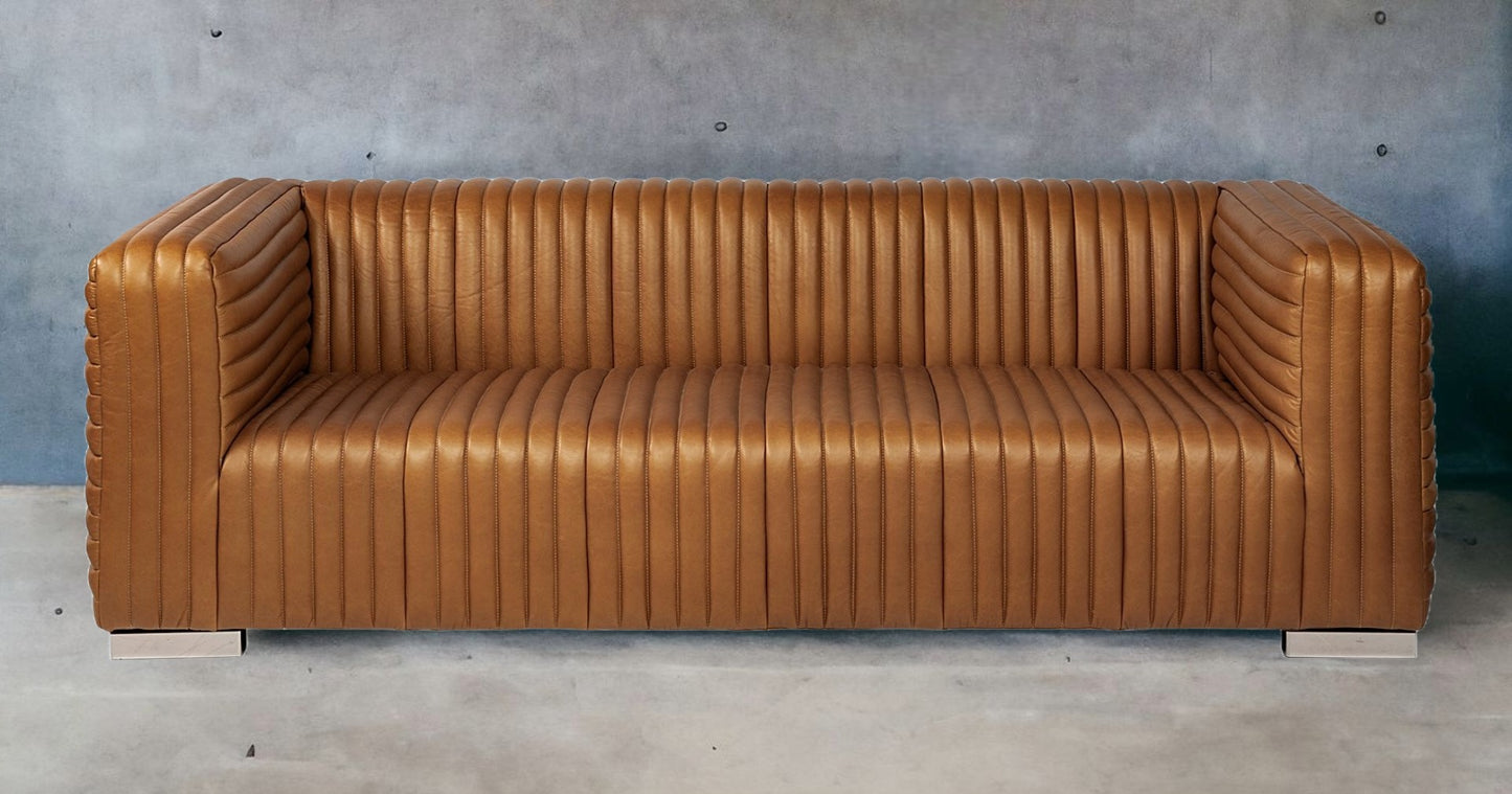 Cognac Leather Wrapped Three Seater Sofa