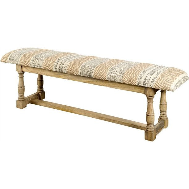 59" Orange and Ivory and Brown Upholstered Cotton Blend Trellis Bench