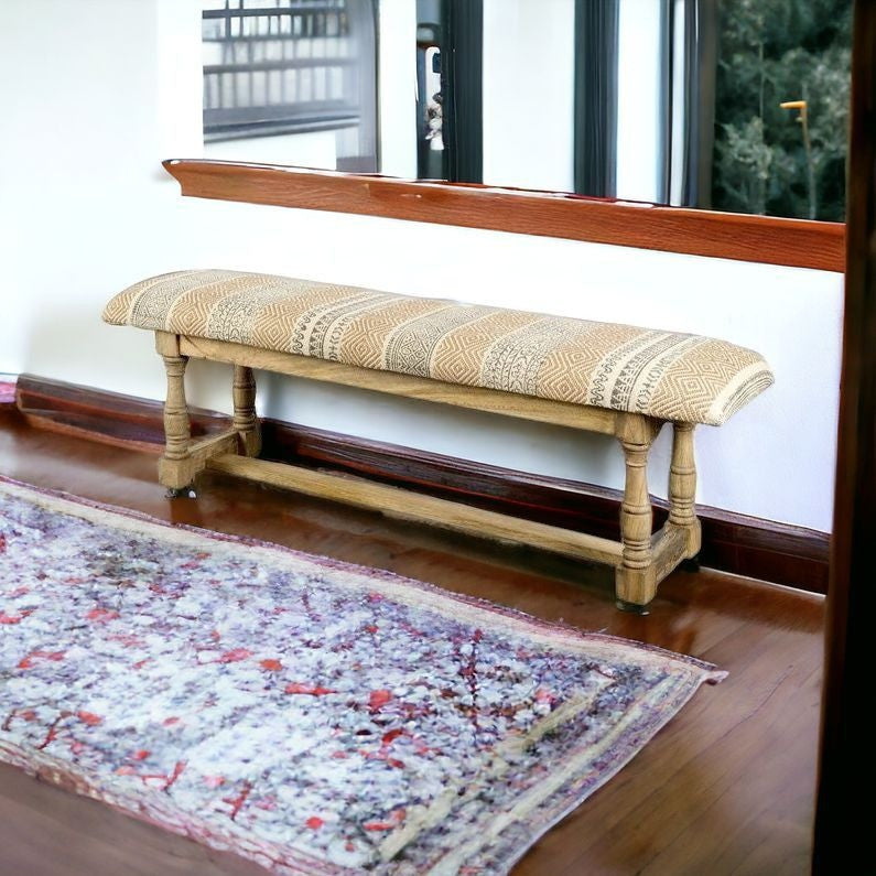 59" Orange and Ivory and Brown Upholstered Cotton Blend Trellis Bench