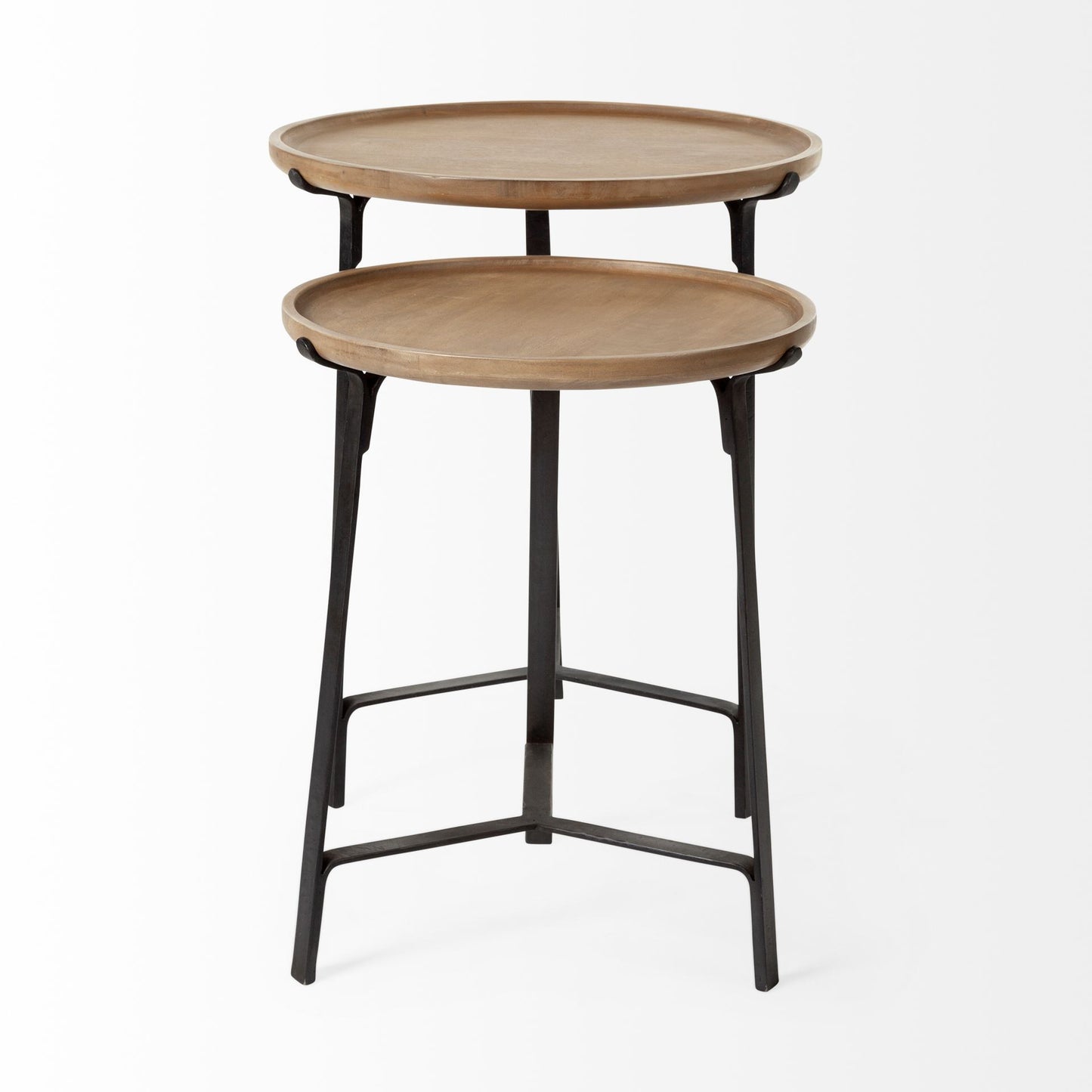 Set Of 2 Round Brown Solid Wood Iron Base Nesting Side Tables