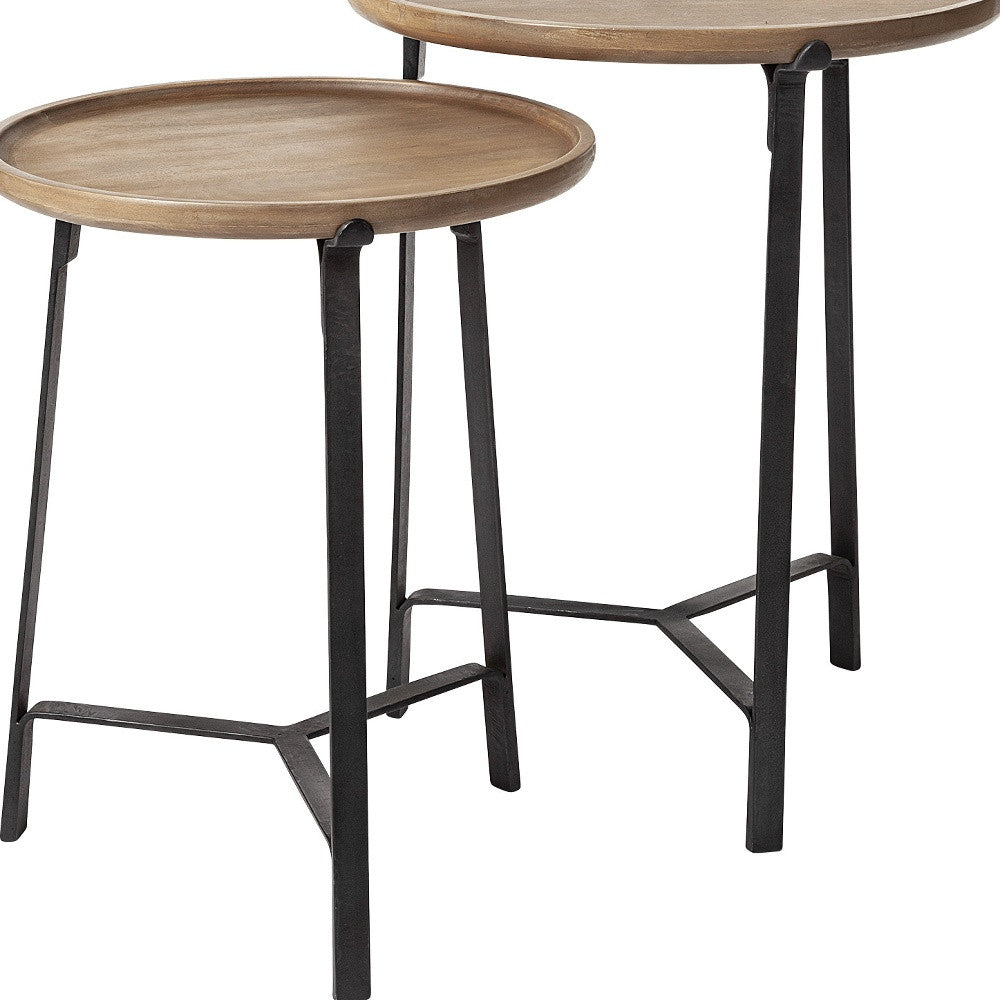 Set Of 2 Round Brown Solid Wood Iron Base Nesting Side Tables