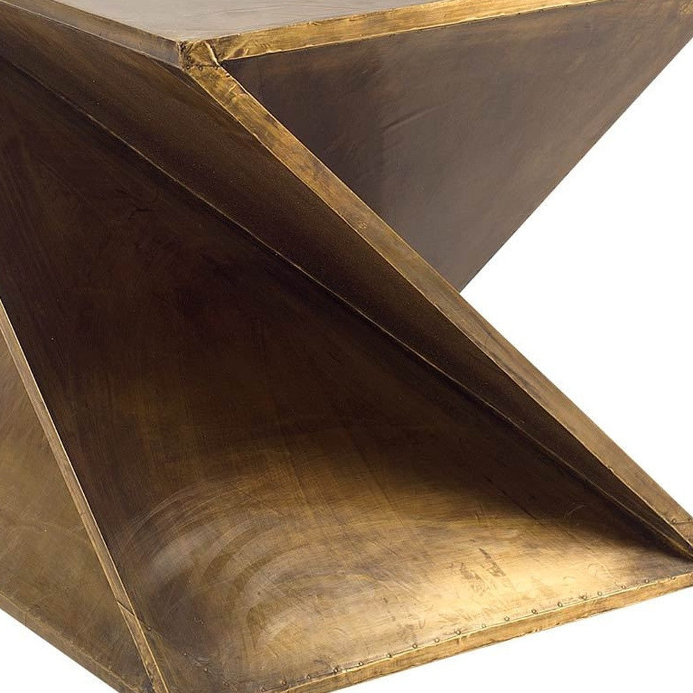 Z-Shaped Brass-Clad Wooden Accent Table