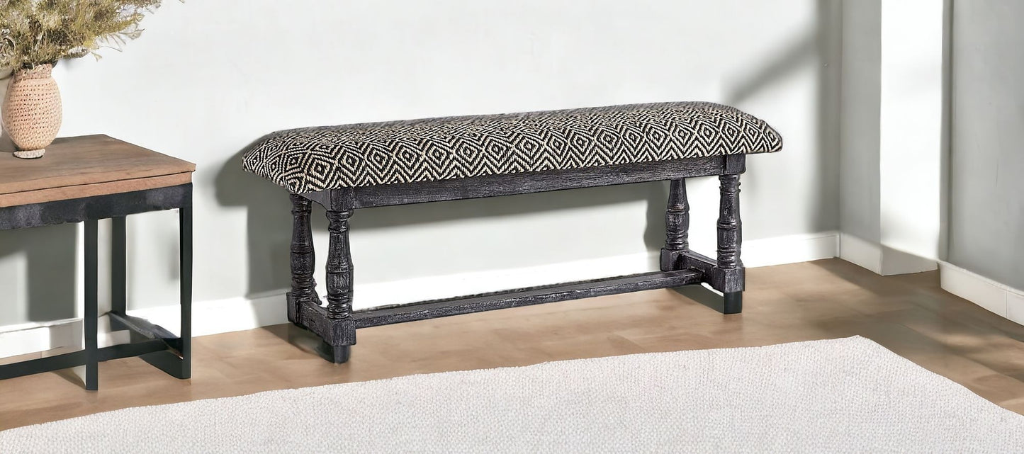 56" Black and White and Gray Upholstered Cotton Blend Trellis Bench