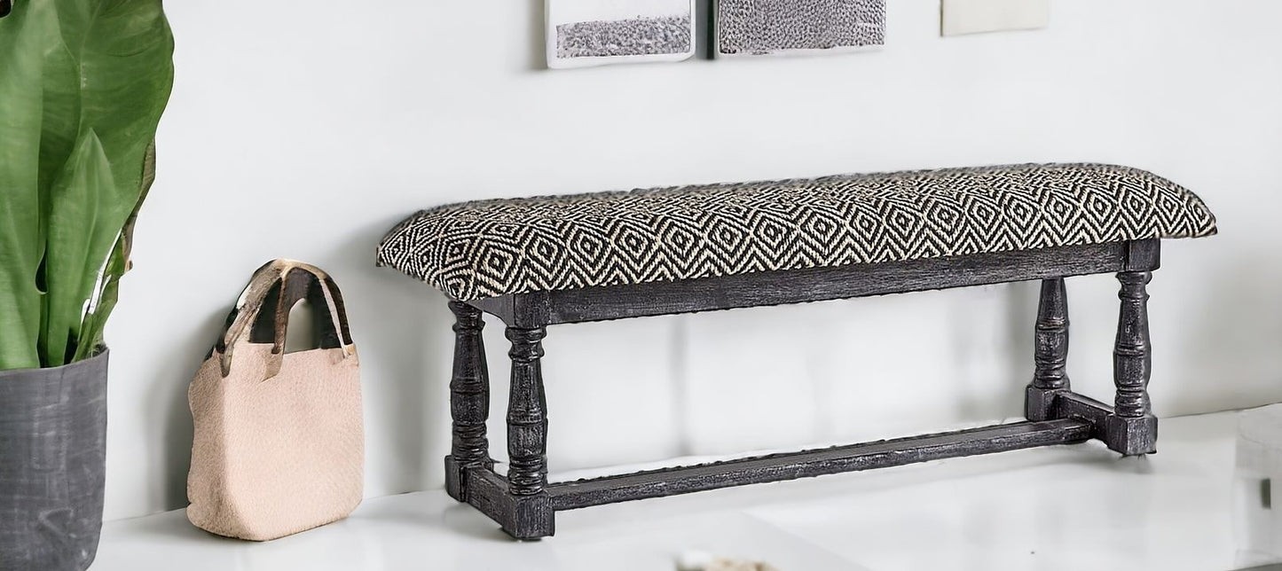 56" Black and White and Gray Upholstered Cotton Blend Trellis Bench