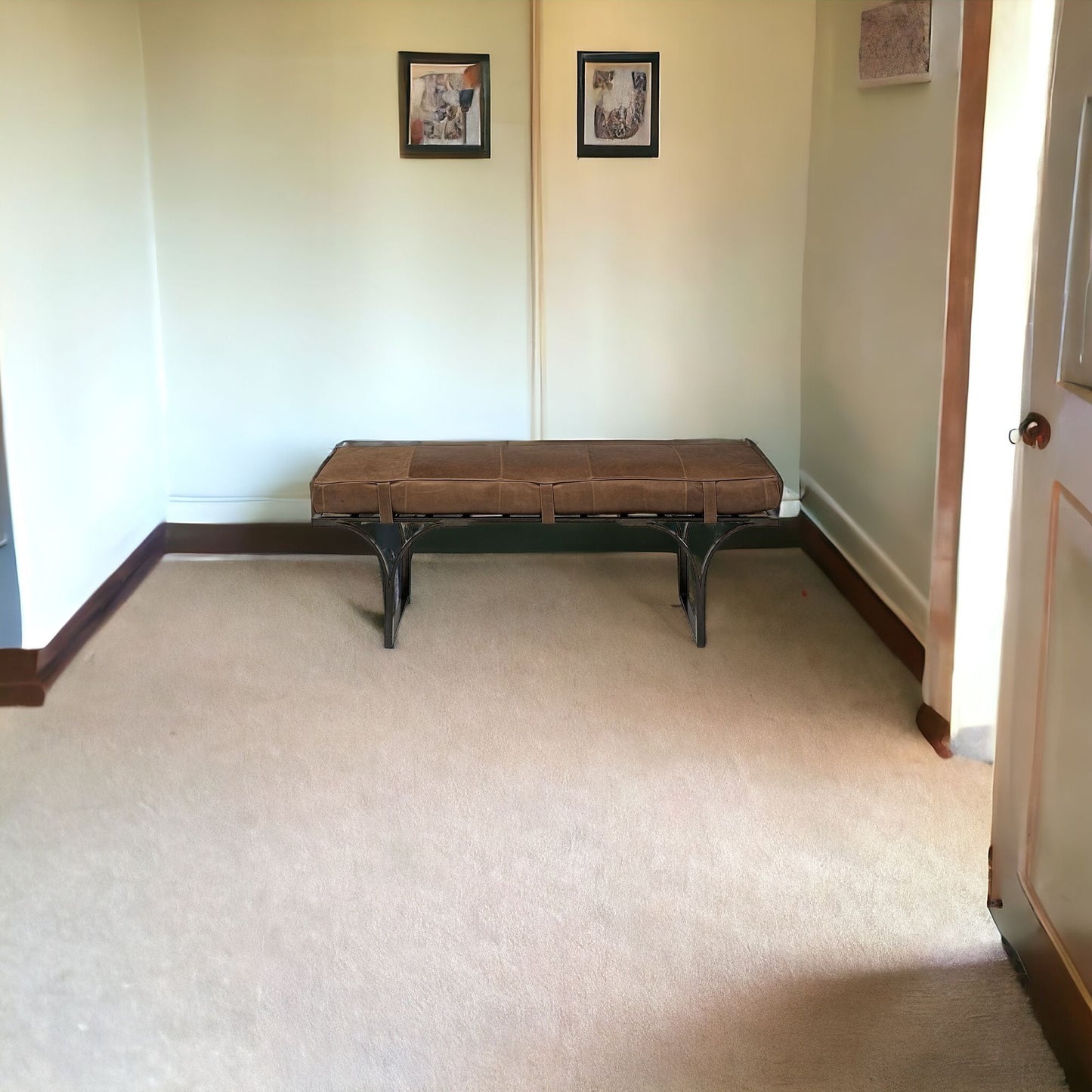 55" Brown and Black Upholstered Genuine Leather Bench