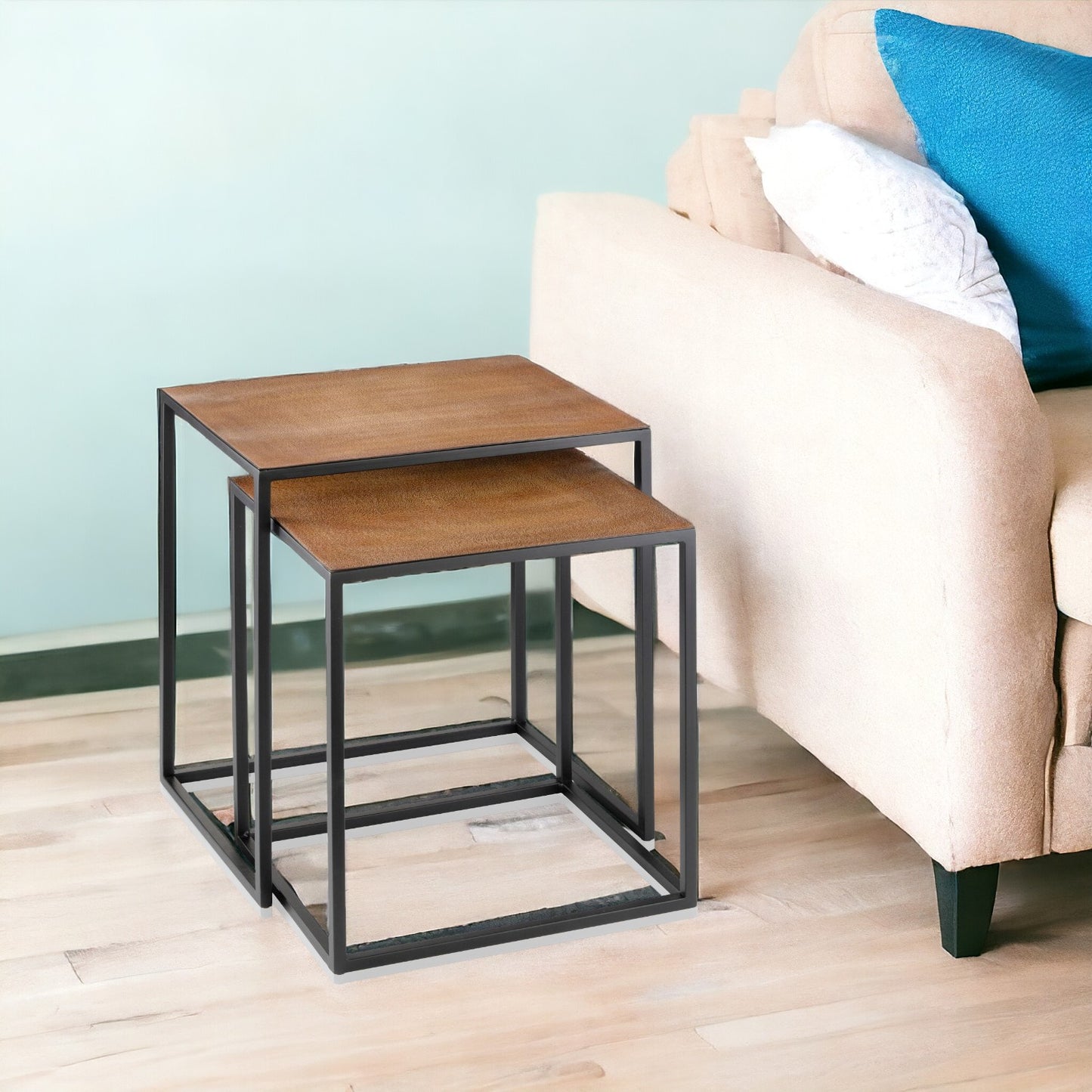 Set Of 2 Rectangular Black Powder Coated Frame And Lion Faux Leather Top Nesting End Tables