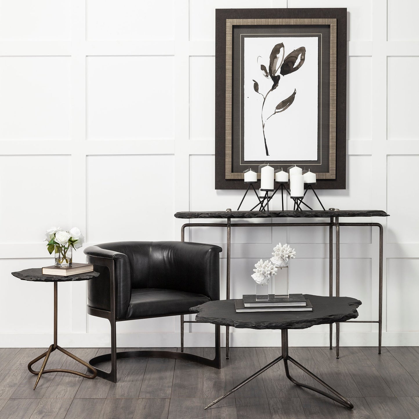 Black Slate-Top Accent Table With Triangular Iron Base