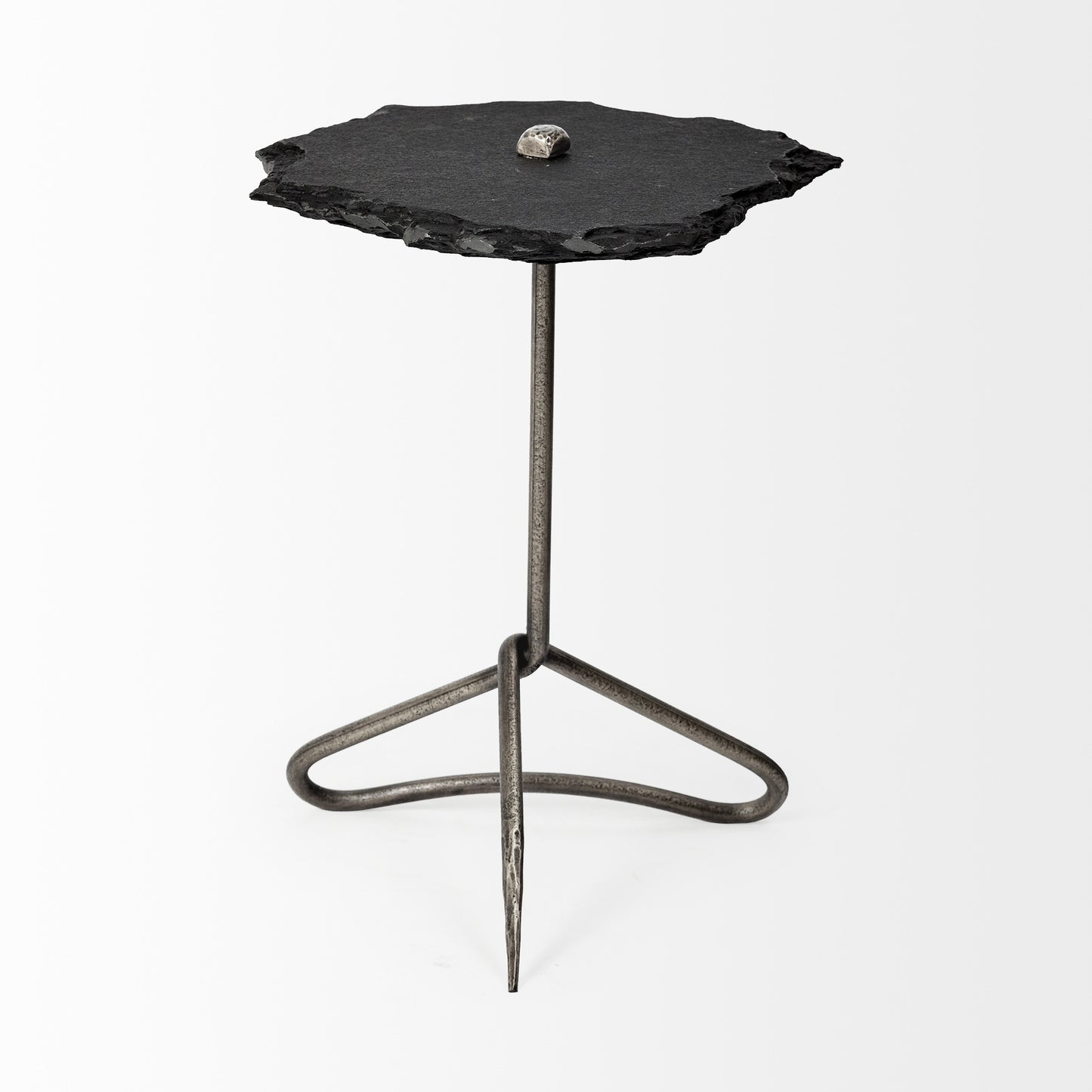 Black Slate-Top Accent Table With Triangular Iron Base