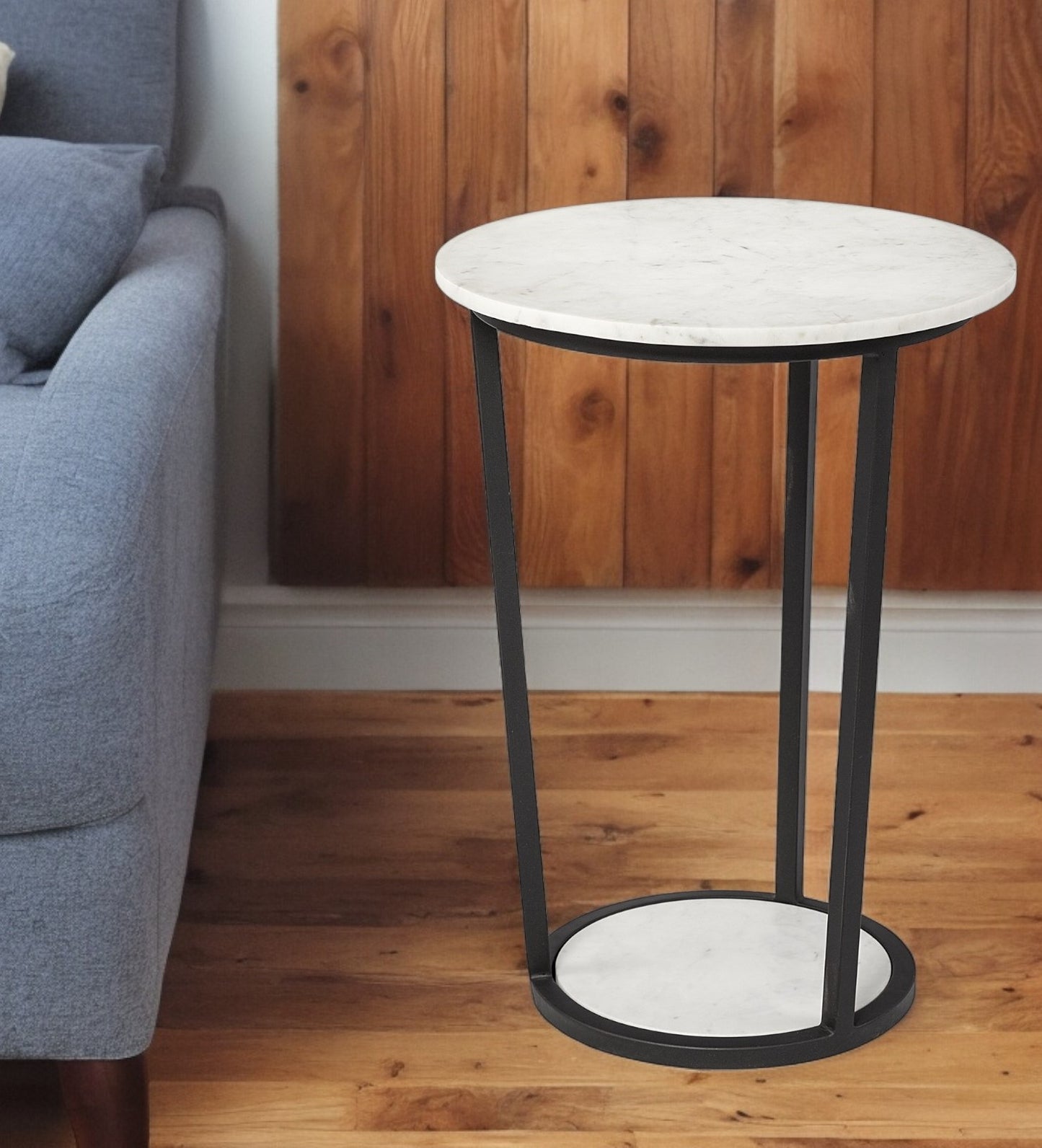 18" Round White Marble Top Accent Table With Black Metal Frame