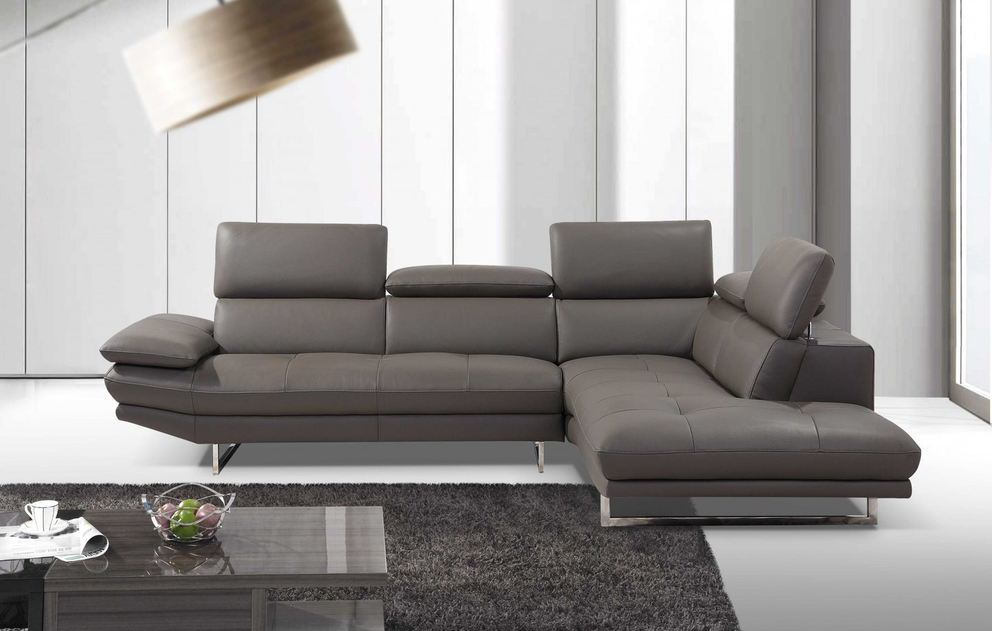 Dark Gray Genuine Leather L Shaped Two Piece Sofa and Chaise Sectional