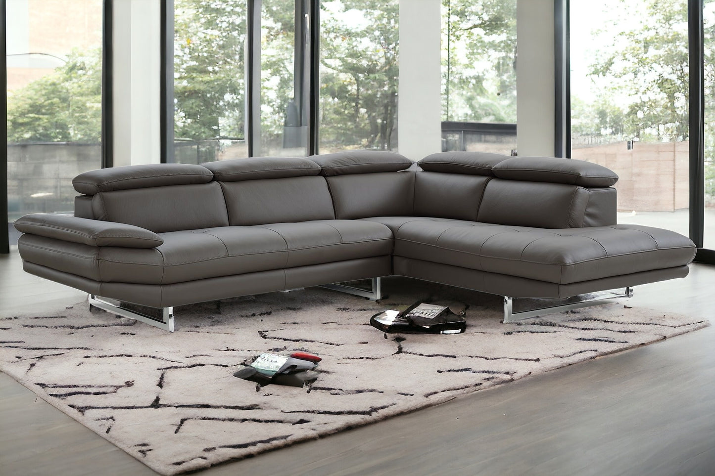 Dark Gray Genuine Leather L Shaped Two Piece Sofa and Chaise Sectional