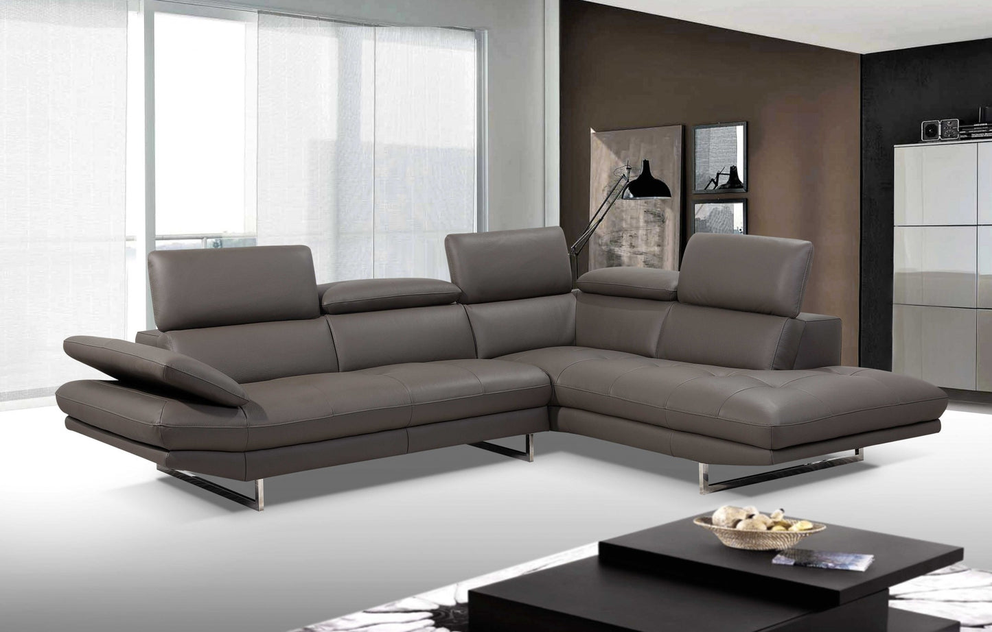 Dark Gray Genuine Leather L Shaped Two Piece Sofa and Chaise Sectional