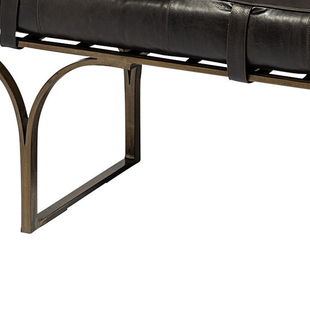 16" Black And Antiqued Brass Upholstered Genuine Leather Bench