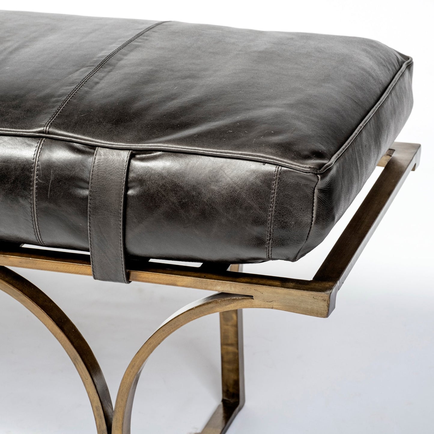 16" Black And Antiqued Brass Upholstered Genuine Leather Bench