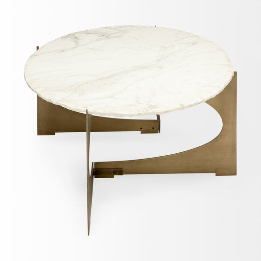 30" White And Gold Genuine Marble And Metal Oval Coffee Table