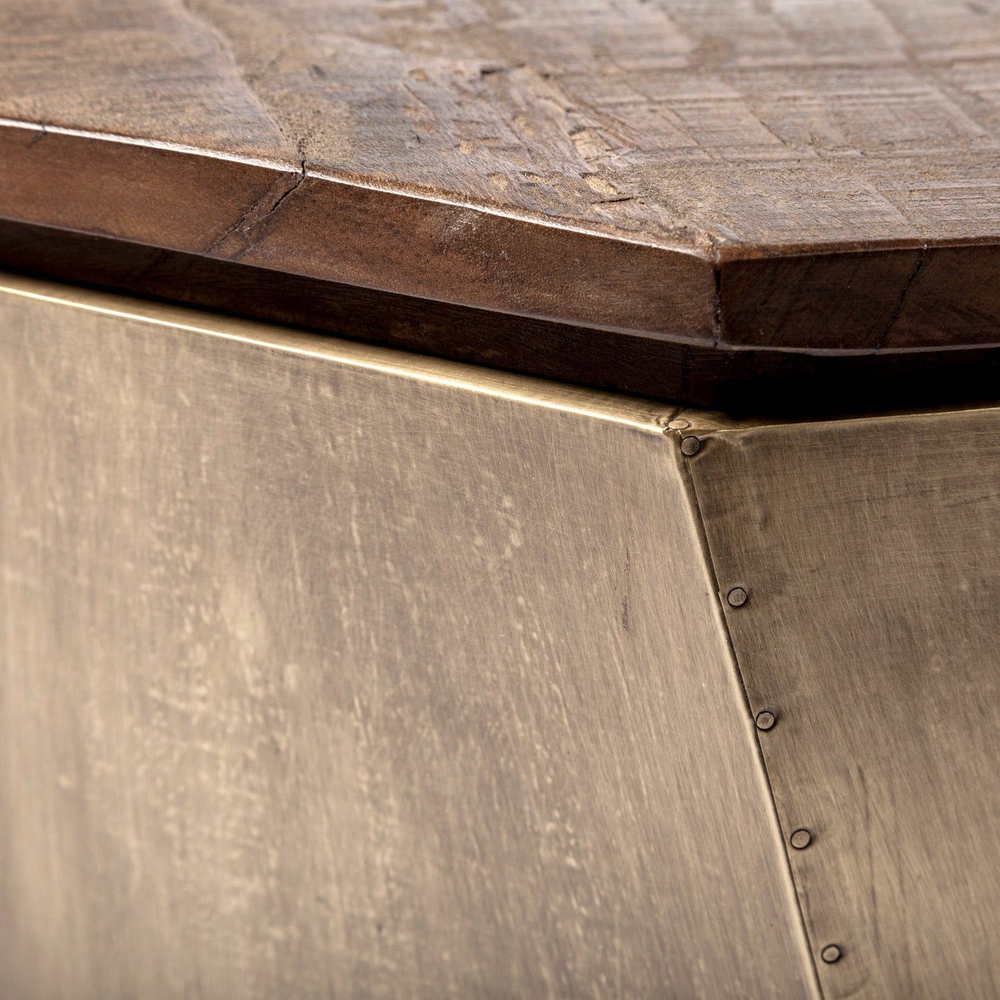 Brass And Natural Wood Side Table With Hexagonal Hinged-Top