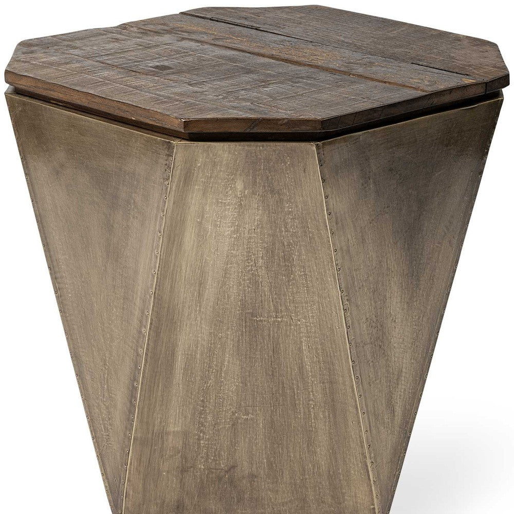 Brass And Natural Wood Side Table With Hexagonal Hinged-Top