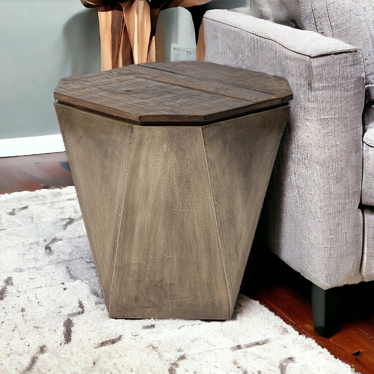 Brass And Natural Wood Side Table With Hexagonal Hinged-Top