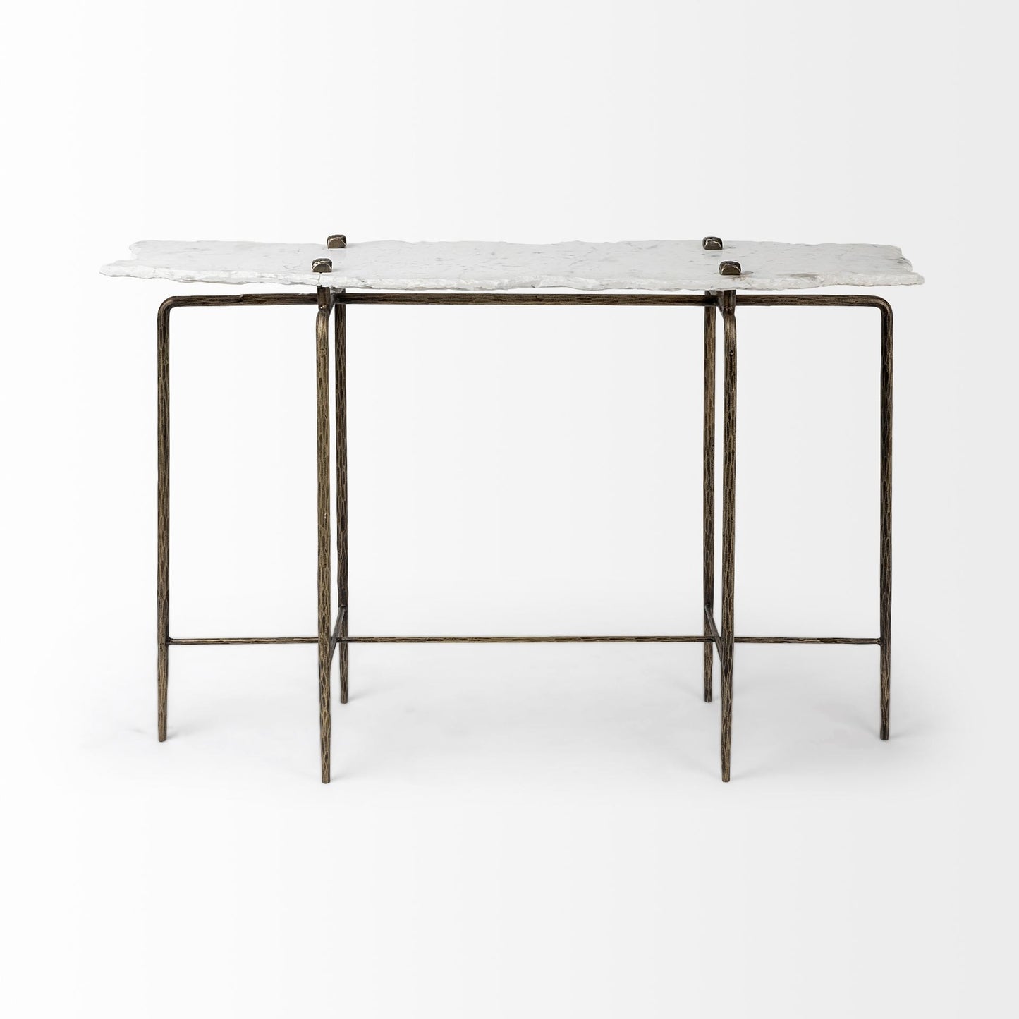 White Marble Console Table With Brass Toned Iron Base