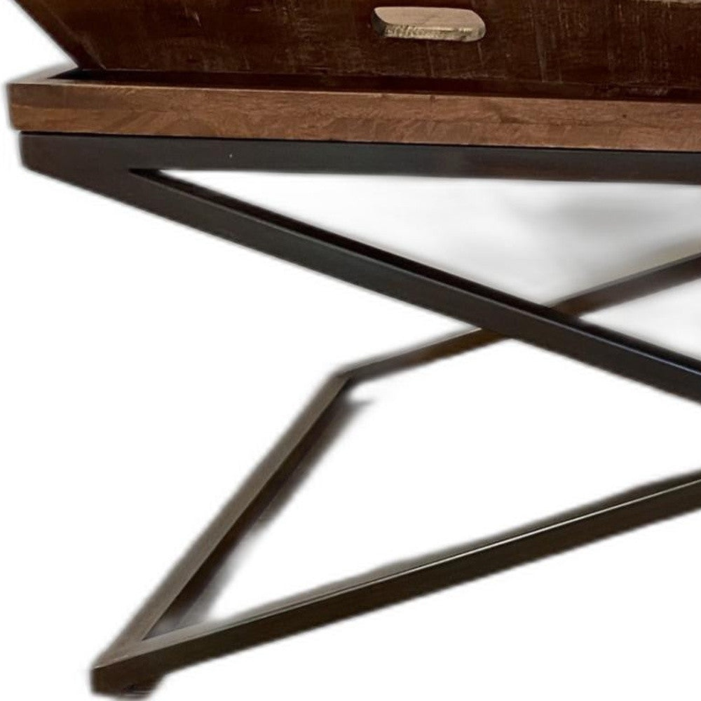 Modern Black Iron X Leg Wood Tray Coffee Table