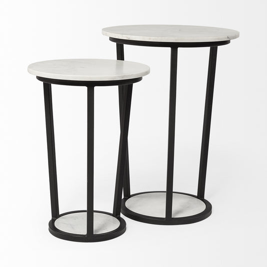 15" Round White Marble Top Accent Table With Black Metal Frame