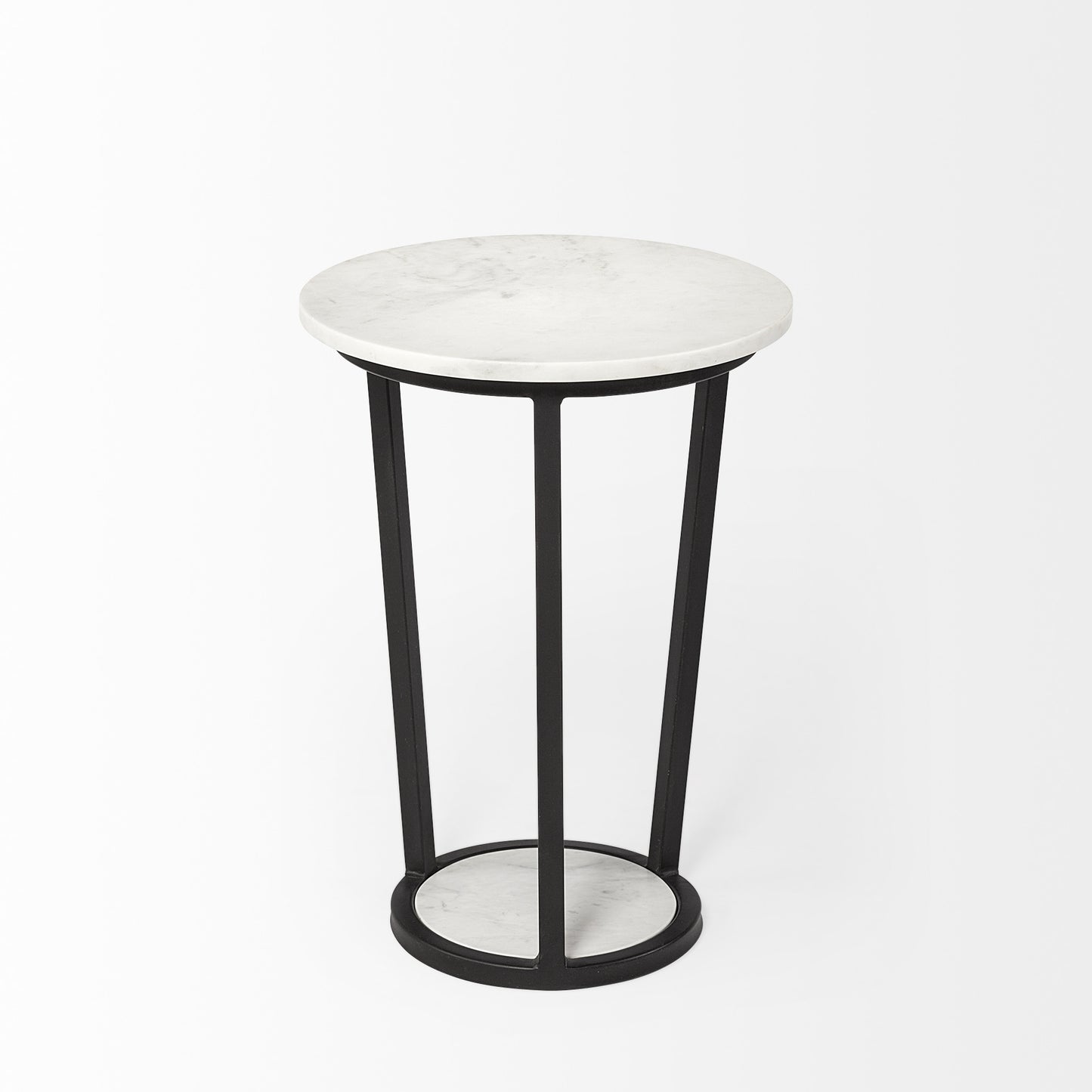 15" Round White Marble Top Accent Table With Black Metal Frame