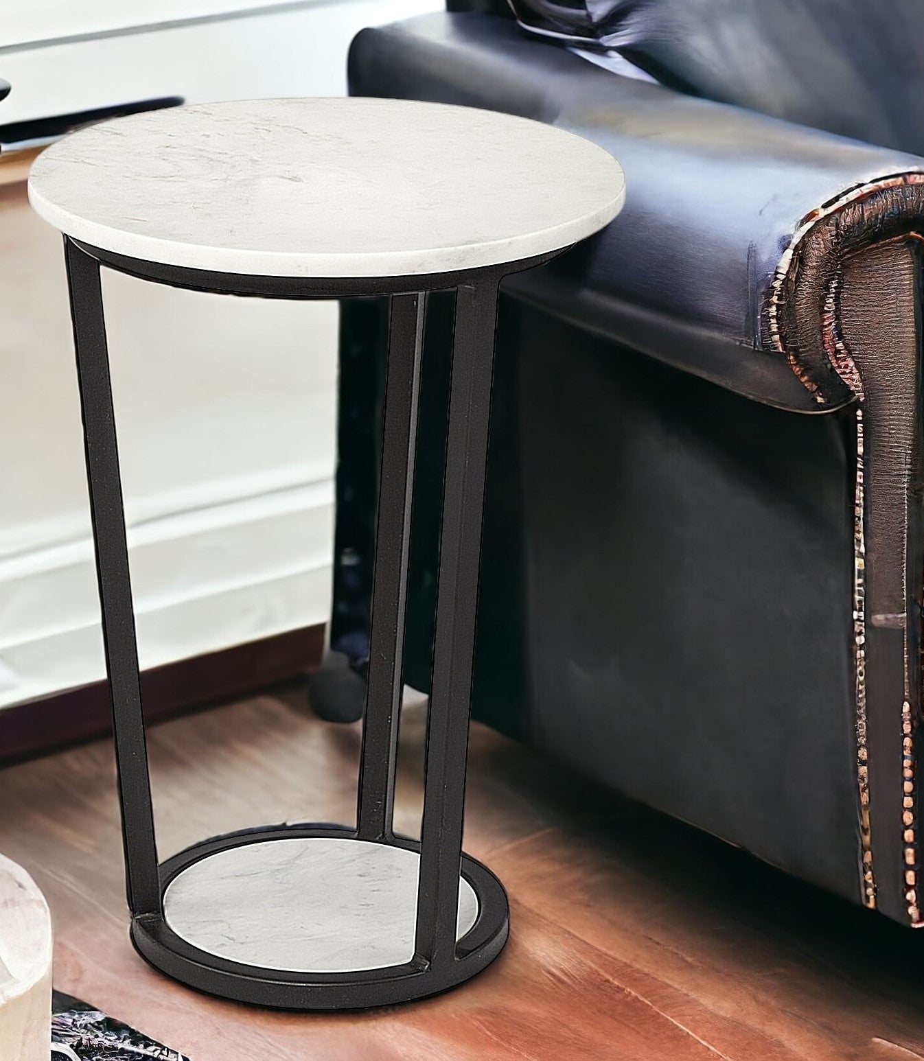 15" Round White Marble Top Accent Table With Black Metal Frame