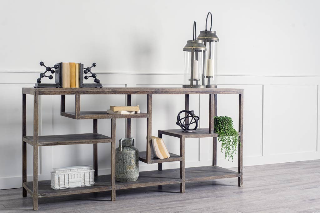 Solid Mango Wood Finish Console Table With Multi Level Shelf