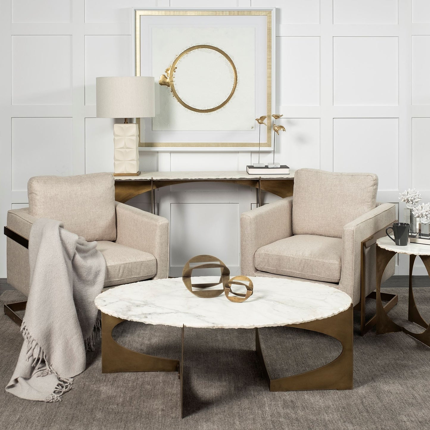 Rectangular White Marble Console Table With Gold Metal Base