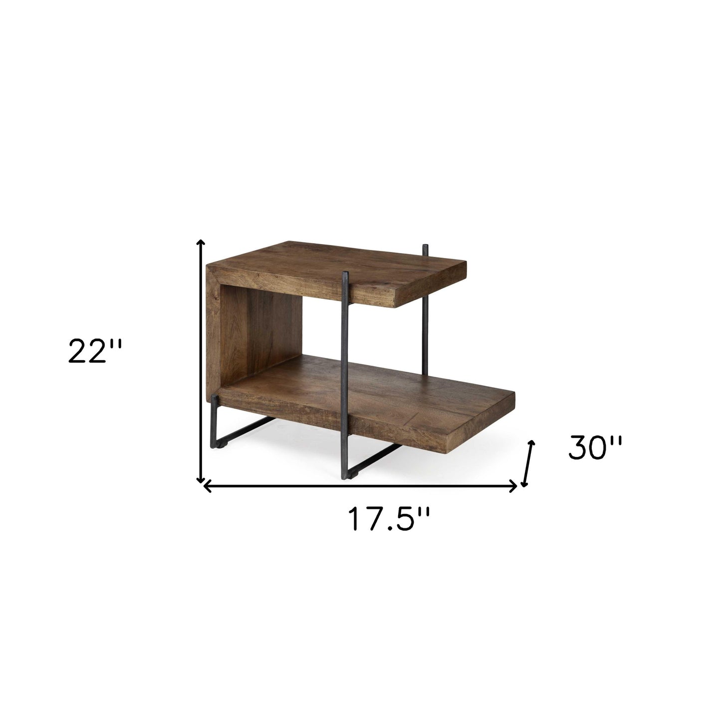 Medium Brown Wood U Shaped Side Table With Extended Storage Shelf