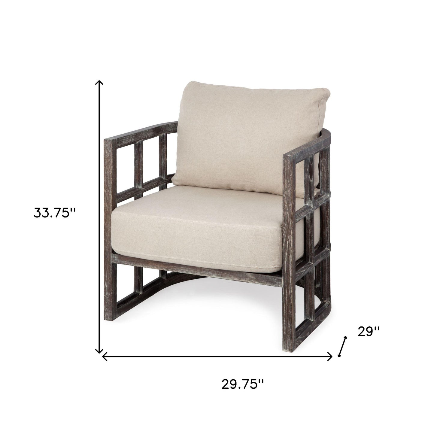 Cream Fabric Covered Cushioned Demi Lune Accent Chair With Wooden Frame