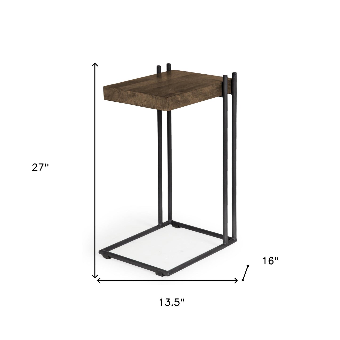 L-Shaped Medium Brown Wood Side Table With Black Metal Frame