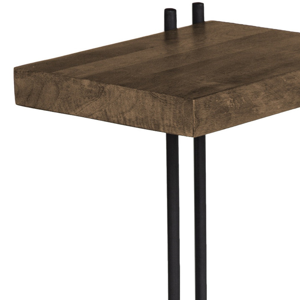 L-Shaped Medium Brown Wood Side Table With Black Metal Frame