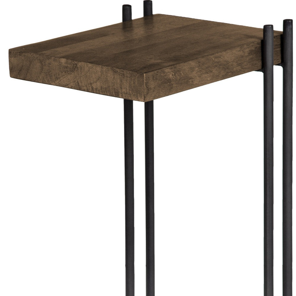 L-Shaped Medium Brown Wood Side Table With Black Metal Frame