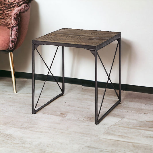 Medium Brown Wood Side Table With Square Top And Iron Cross Braced