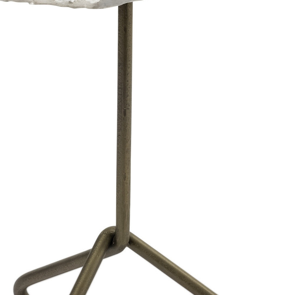 White Marble Top Accent Table With Triangluar Gold Iron Base