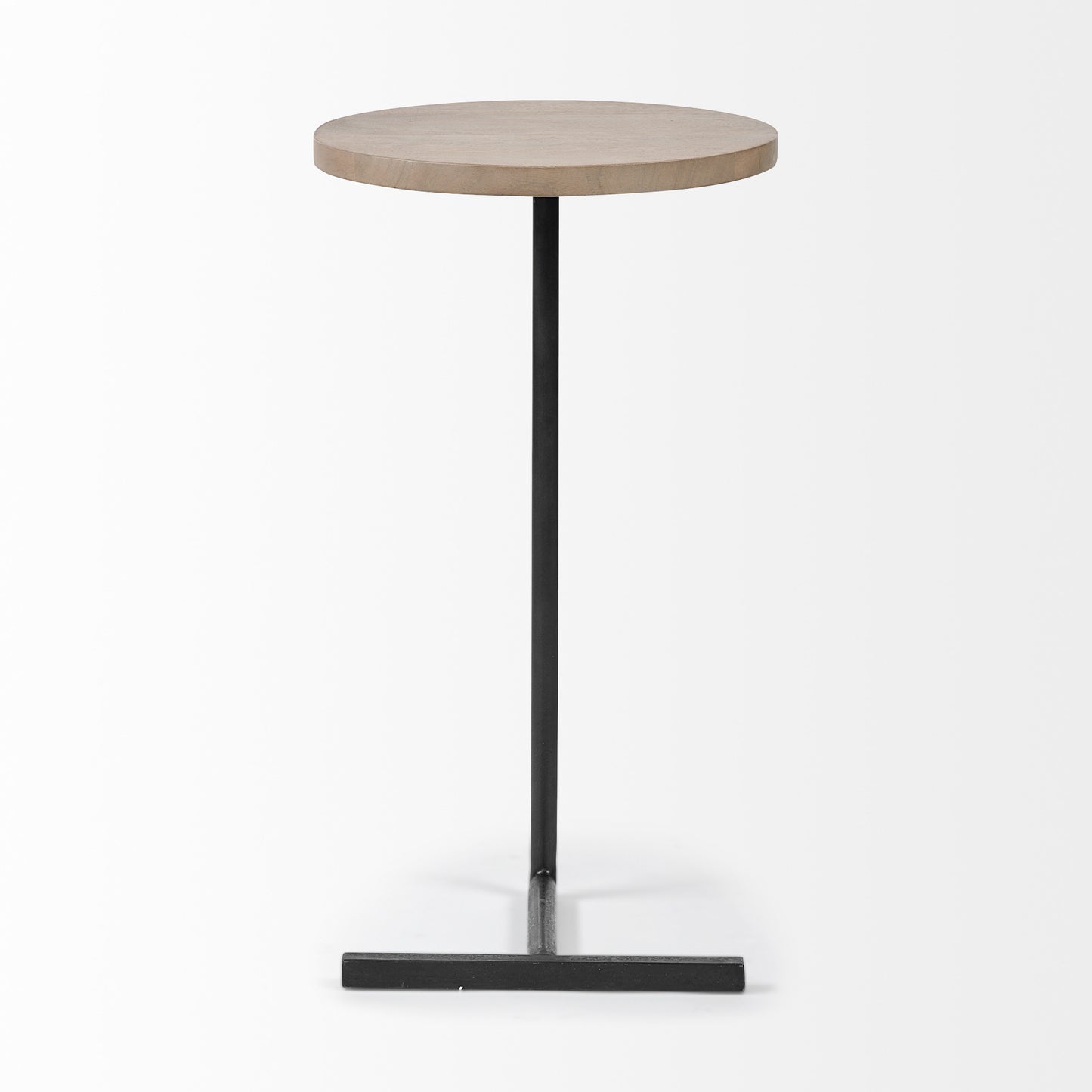 Brown Wood Round Top Accent Table With Black Iron Base