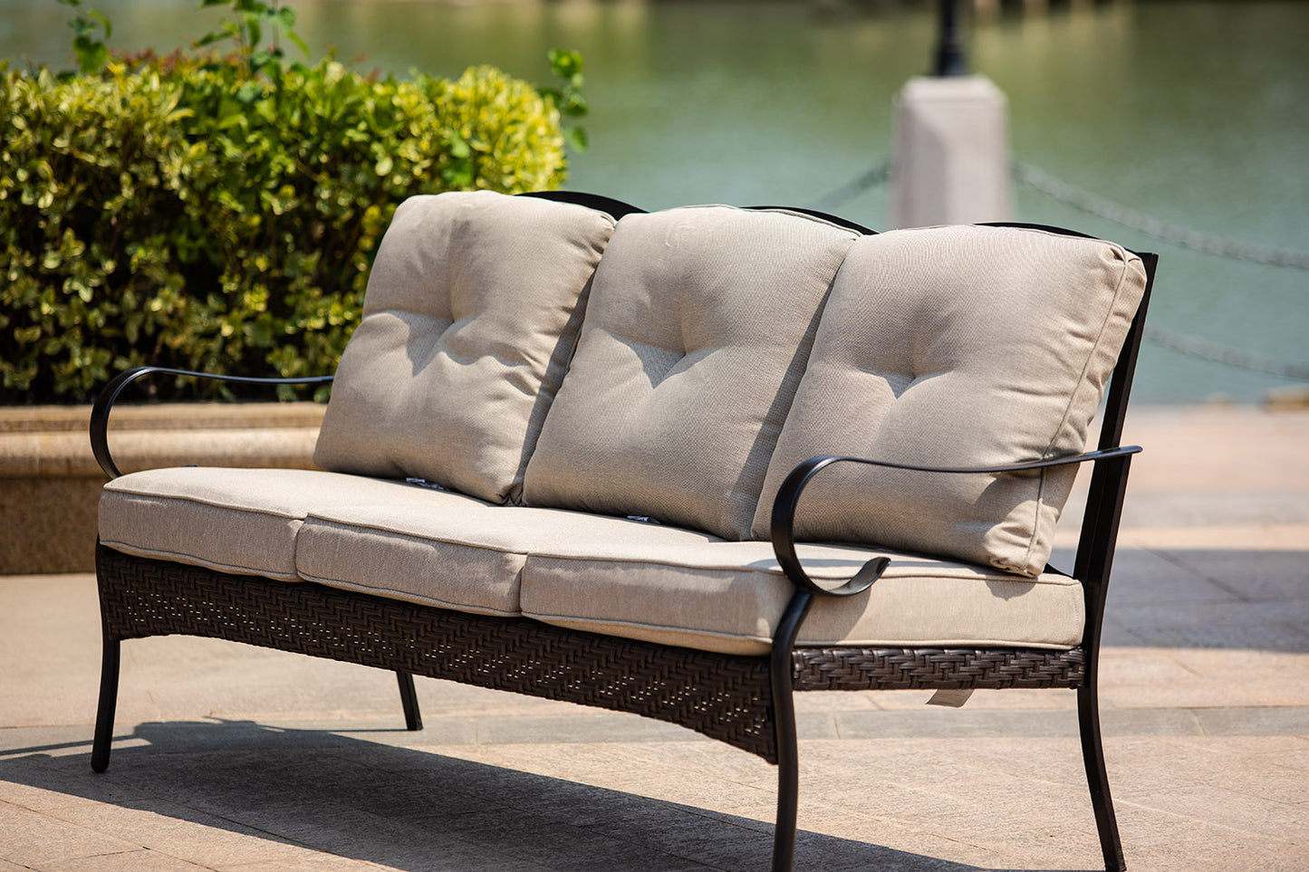 69" Beige Polyester Blend And Black Sofa